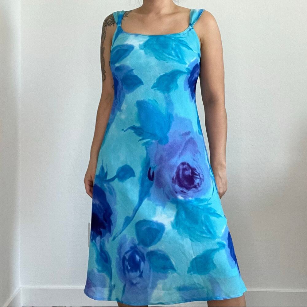 Megan Elisse Blue Watercolor Floral Slip Dress Sz 5‎ Y2K 90s Midi Made in USA - Picture 4 of 11